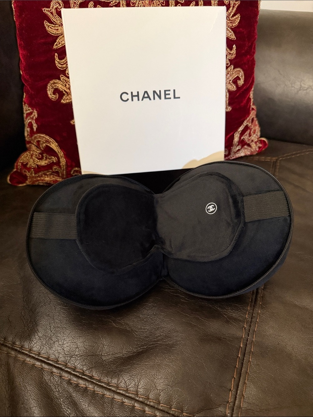 CHANEL Black Velvet Sleep Mask with Logo Accent